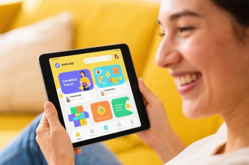 用户正在平板电脑上享受星欧APP的互动内容